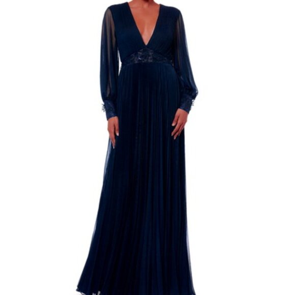 Betsy & Adam Dark Navy Blue Sequin Floral Waist Long Sleeve Gown - Picture 1 of 2